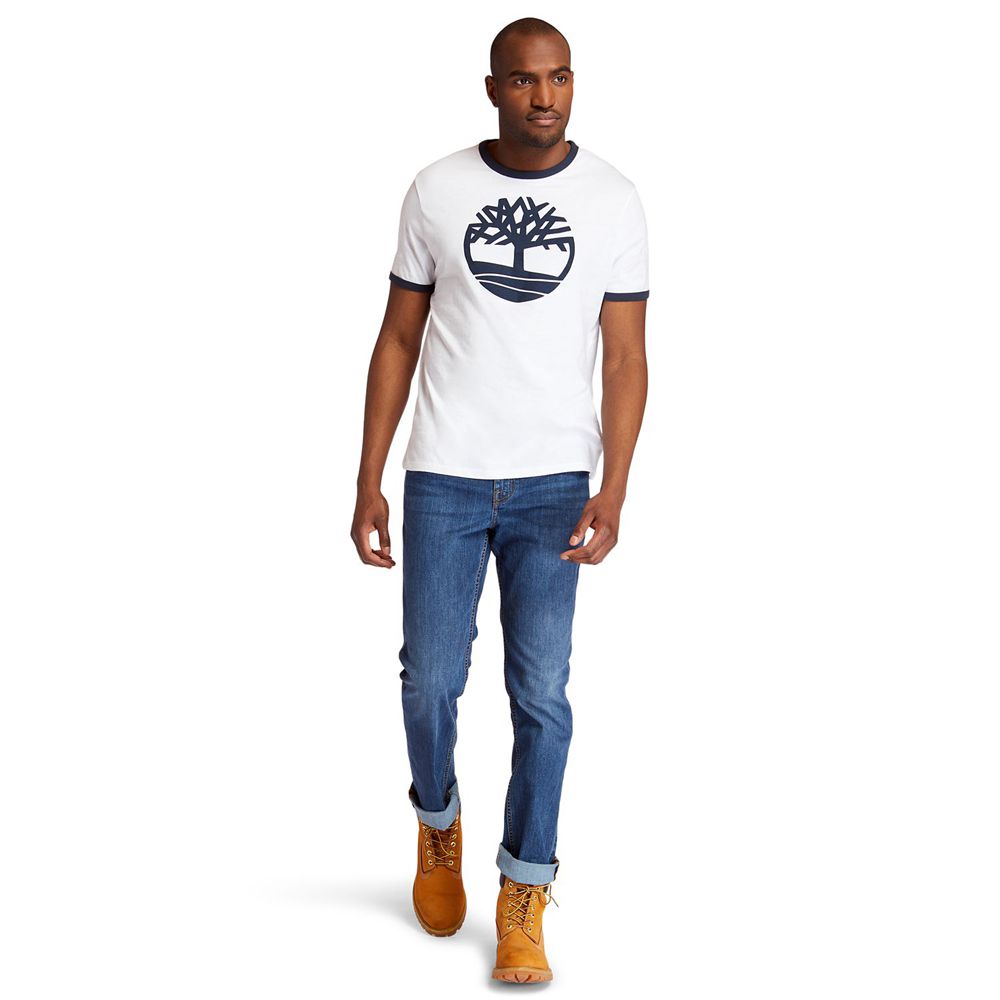 Timberland Mens T-Shirts Tree Logo Ringer - White - India CQ9026548